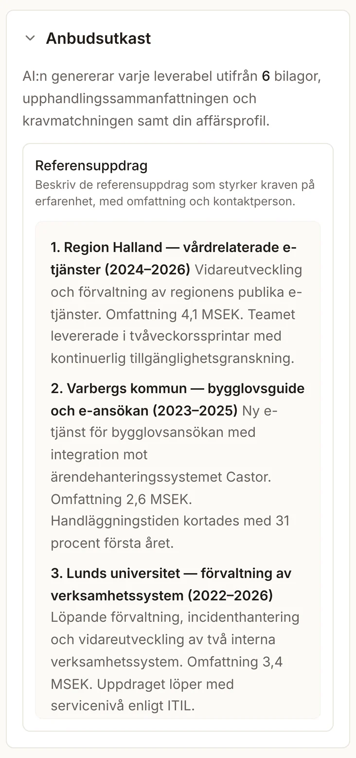 AI-skrivna anbudsutkast i autoanbud: anbudet uppdelat i leverabler med färdig text för bolagspresentation och uppfyllnad av skall-krav, redo att redigera eller ladda ner.