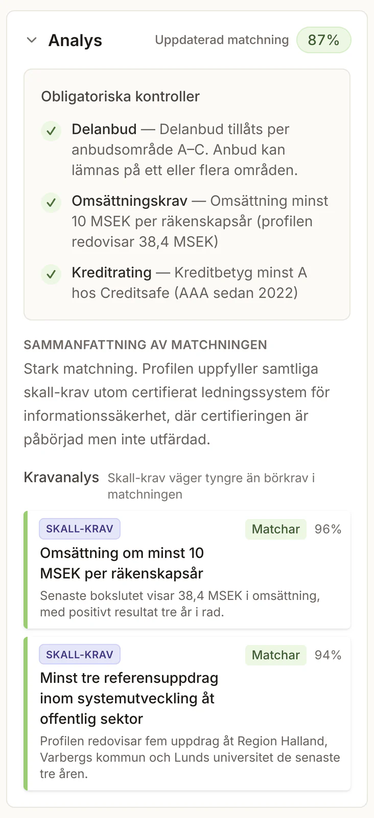 Kravanalys av en offentlig upphandling i autoanbud: matchningspoäng 87 av 100, obligatoriska kontroller för delanbud, omsättning och kreditrating, och varje skall-krav poängsatt med motivering.